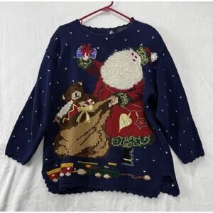 Vintage 90s Croft & Barrow Knit Christmas Holiday Sweater Santa Bear Size Large